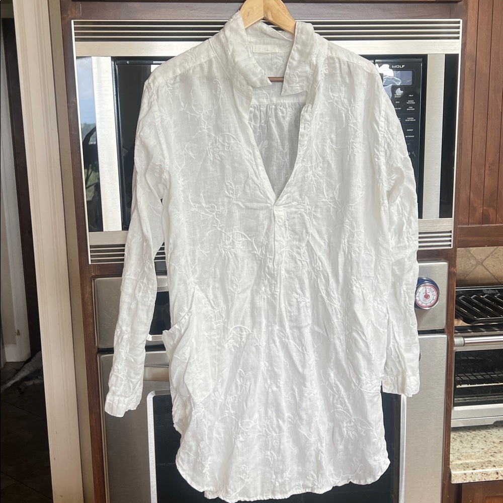 CPSHADES 100%linen Teton tunic top, tonal embroidery white/white, size LARGE